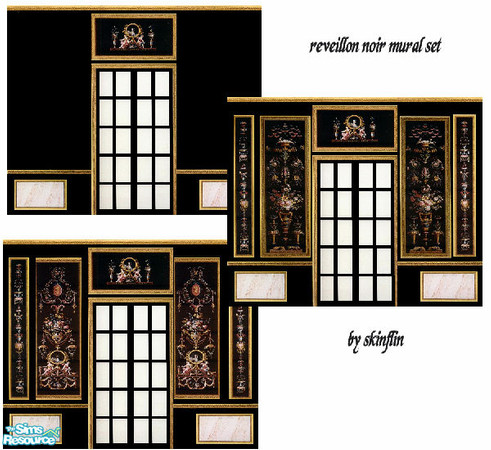 Sims 2 — reveillon noir mural set by skinflin — black walls gold trims gold-cream panels flower panels.