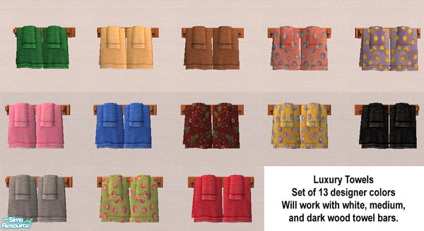 Sims 2 — Luxury Towels in Designer Colors by RockinRobin — Set comes with 13 designer colors. Works with the white,