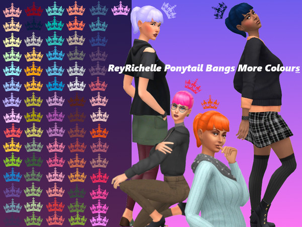 Sims 4 — Ponytail Bangs Hair; More Colours by Reyrichelle — 75 new colour options for the Base game hair style Ponytail