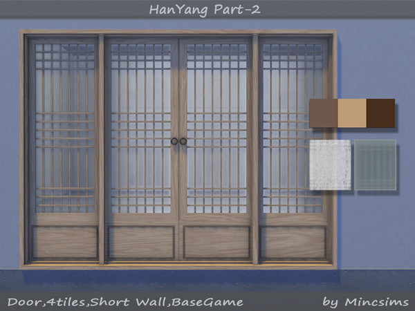 Sims 4 — HanYang Door 4Tiles by Mincsims — for short wall 9 swatches(3 wood textures, 3 glass textures)