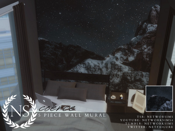 Sims 4 — Coerce Wall Mural - Networksims by networksims — A 5-piece wall mural of mountains under a starry sky.