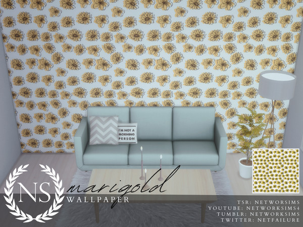Sims 4 — Marigold Wallpaper by networksims — Wallpaper of yellow flowers on a white background.