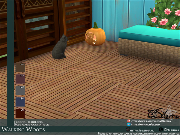 Sims 4 — Walking Woods by Silerna — -Basegame compatible -Flooring - Wood -5 different colors - Mrs. kitty not included