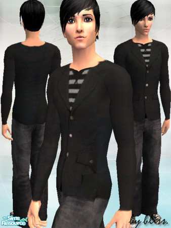 Sims 2 — black [male] by bliss. — casual black jacket featuring grey and black striped shirt and dark jeans..