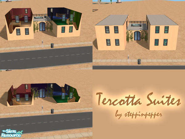 Sims 2 — Tercotta Suites by steppinpepper — 4 appartment styled rooms for university. Each 'appartment' has room for a