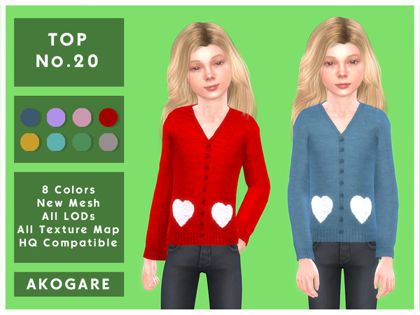 Sims 4 — Akogare Top No.20 by _Akogare_ — Akogare Top No.20 - 8 Colors - New Mesh (All LODs) - All Texture Maps - HQ