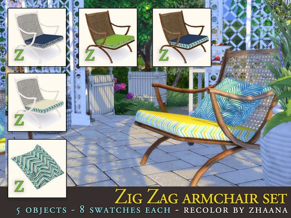 Sims 4 — Zig Zag Armchair Set by Zhaana — Perfect for outdoors / indoors. Set includes : 4 recolors of the armchair +