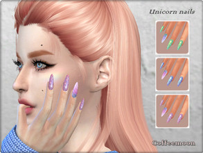 Sims 4 — Rainbow unicorn horn nails by coffeemoon — Long holographic stiletto. Rings category 3 color options: green,