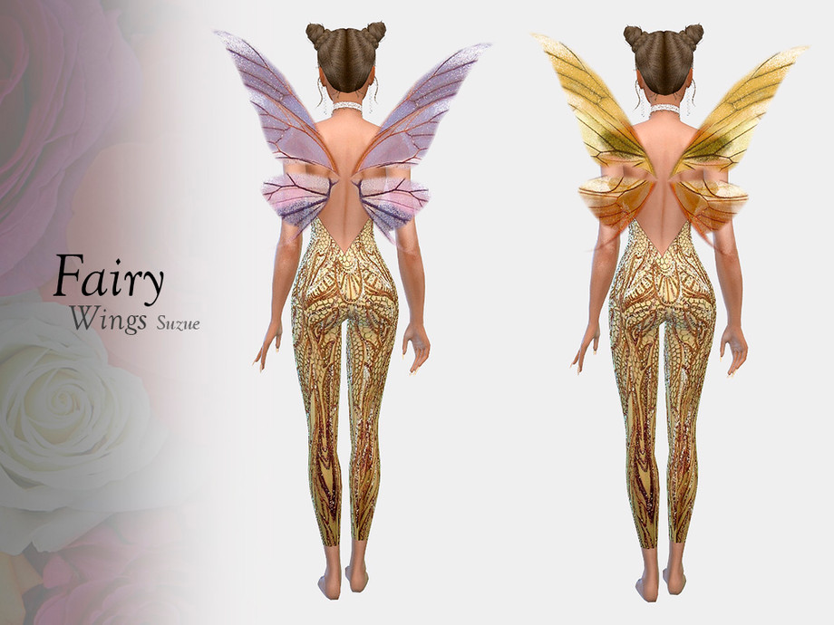 A fairy sim wearing purple and gold colored glittered wings made by Suzue. 