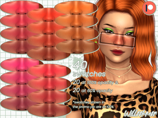 Sims 4 — [PATREON] Tropic Punch BLUSH by Willeekmer — BGC 40 swatches (20 at 100% opacity & 20 at 60% opacity) All