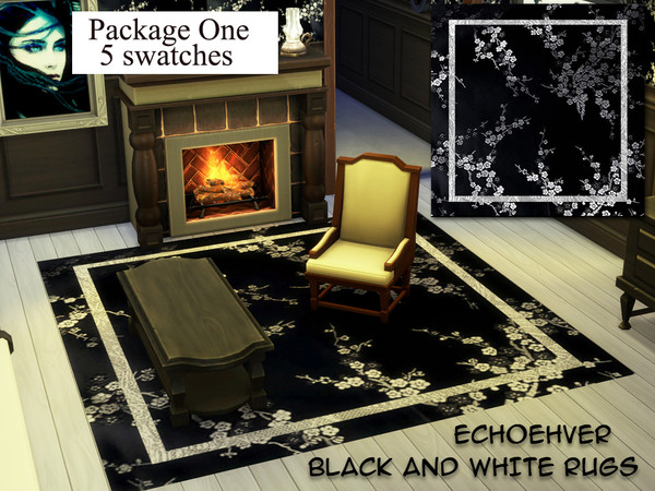 Sims 4 — Black and White Rugs Part One by Echoehver — Five black and silver 4x4 rugs. 