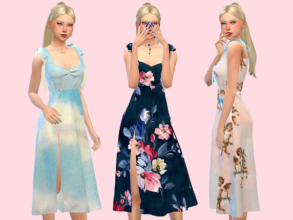 The Sims Resource - Sleeveless Pattern and Prints Long Dress w/ Slit