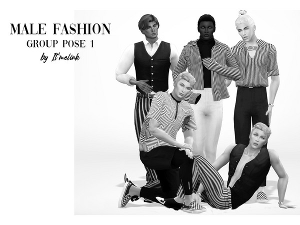 Sims 4 — Male Fashion Group Pose 1 by bhl123456 — Fashion group pose for 5 male sims. Place 5 teleporters at the same