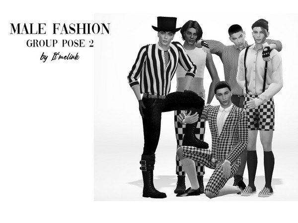 Sims 4 — Male Fashion Group Pose 2 by bhl123456 — Group Fashion Pose for 5 male sims Place 5 teleporters at the same