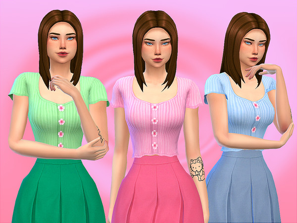 Sims 4 — Flower Buttoned Rib Knit Top by MaomiCC — BGC (Base Game Compatible) 10 Swatches Found under Blouses and