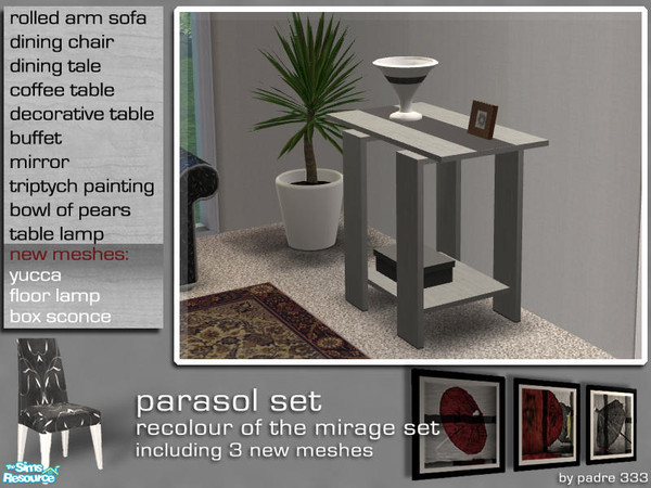 Sims 2 — Parasol Dining - Decorative Table by Padre — A dining room/living area in worn grey timber with black velvet