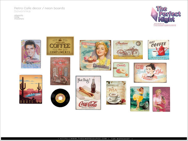 Sims 4 — RetroCafe - posters collage by Severinka_ — Posters collage v01 From the set 'RetroCafe decor / neon boars' The