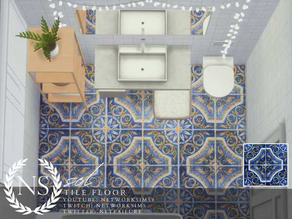 Sims 4 — Sol Tile Floor by networksims — A patterned blue and gold tile floor.