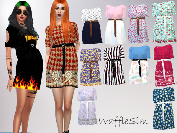 Sims 4 — Waffle Sim Dress with Belt by Waffy666 — -new mesh -base game needed only -12 swatches