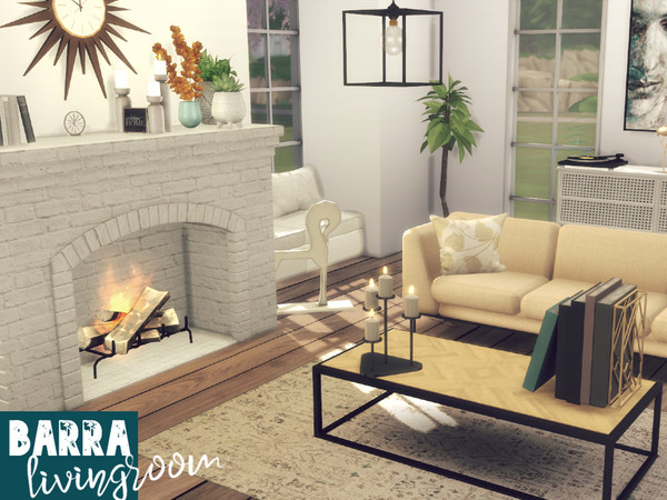 Sims 4 — Barra by GenkaiHaretsu — Modern livingroom with beams and fireplace. 