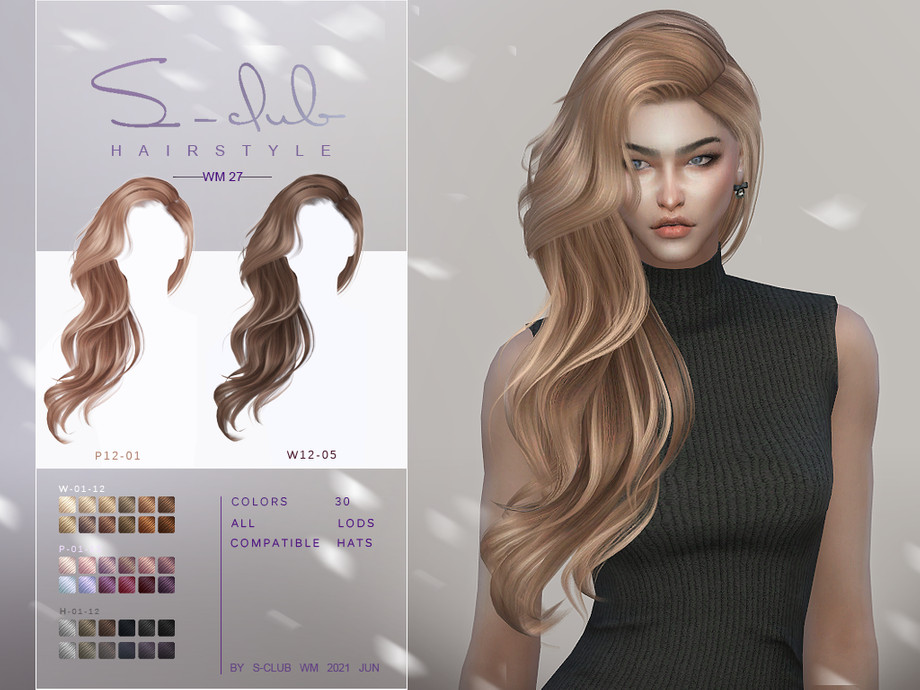 Long wavy hair worn by a female sim with 30 recolors for sims 4 done by s-club. 