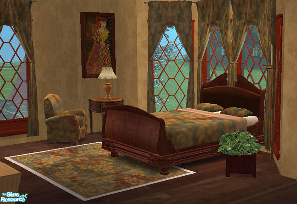 Sims 2 — Victorian Bedroom by RockinRobin — Set includes the bedding, floor rug, chair, curtains, wood flooring, and