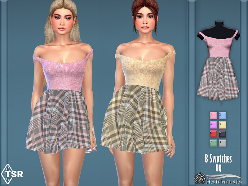 The Sims Resource - Gingham Bardot Neck Skater Dress