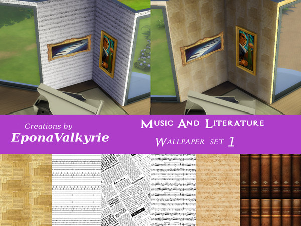 Sims 4 — Music And Literature Wallpaper Set 1 by EponaValkyrie — A collection of 6 wallpaper swatches.