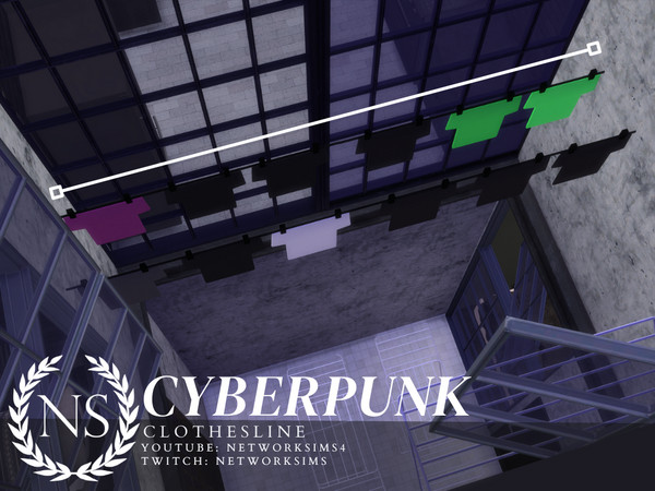 Sims 4 — Cyberpunk City Clutter - Clothesline by networksims — A tileable clothesline with hanging shirts in a variety of