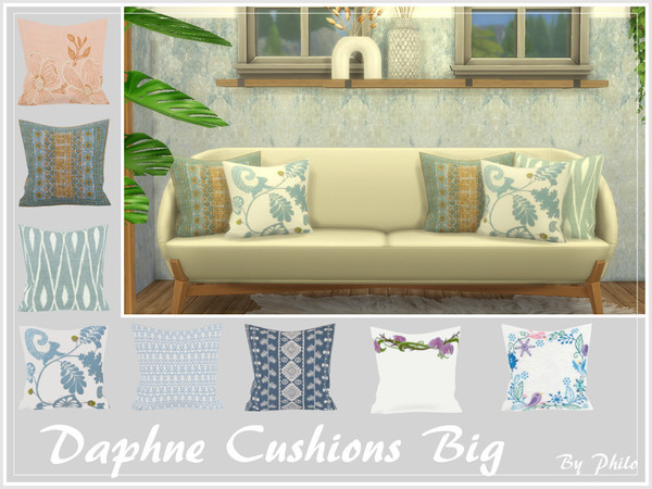 Sims 4 — Daphne Cushions Big [Mesh required] by philo — Lovely embroidered and print cushions in a light color palette. I