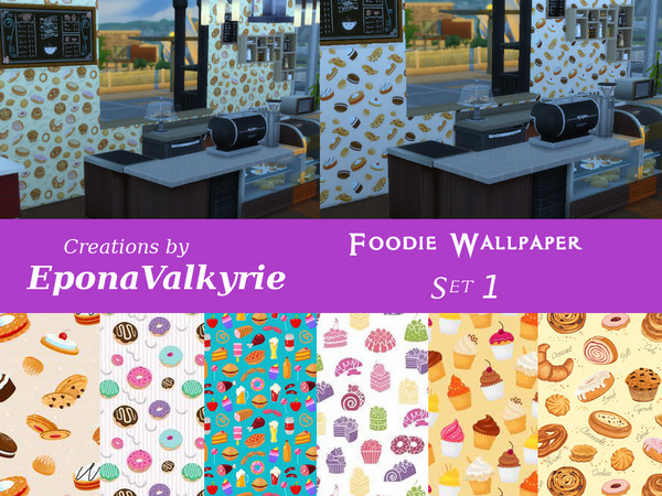 Sims 4 — Foodie Wallpaper Set 1 by EponaValkyrie — A collection of 6 food-themed swatches. Perfect for Cafes. Bakery's