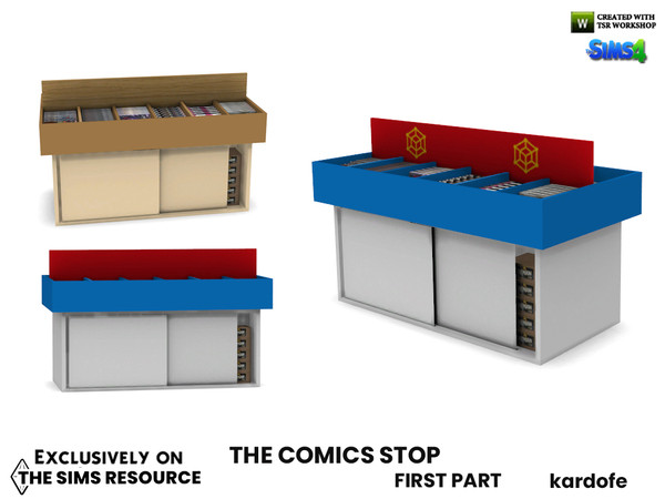 Sims 4 — The Comics Stop_Comics table by kardofe — Display table for comic books and video games, in three colour options
