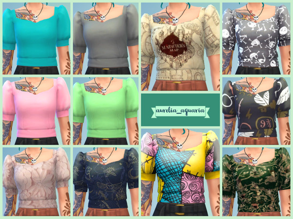 Sims 4 — Cropped Blouse Recolor by Aurelia_Aquaria — Adds 11 swatches to the Cropped Blouse from Cottage Living. Features