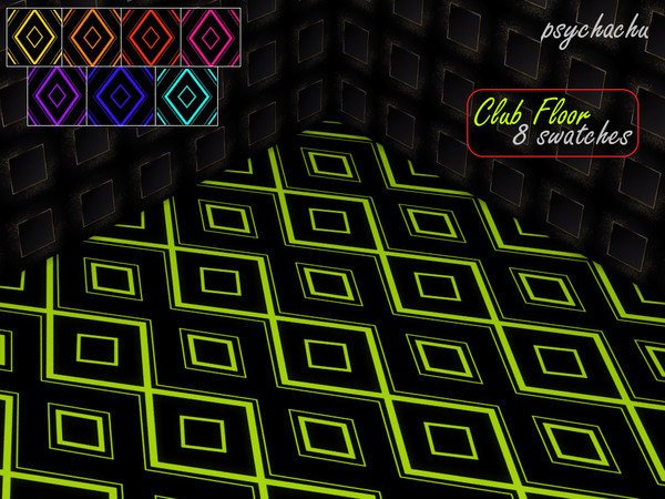 Sims 4 — Club Floor by Psychachu — (8 swatches) - A bold, neon, repeating pattern spread over 4 tiles. Perfect for clubs