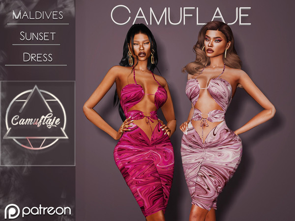 Sims 4 — [PATREON] Maldives Sunset - Dress *Early Access* by Camuflaje — Inspired by famous dress with fluid prints,