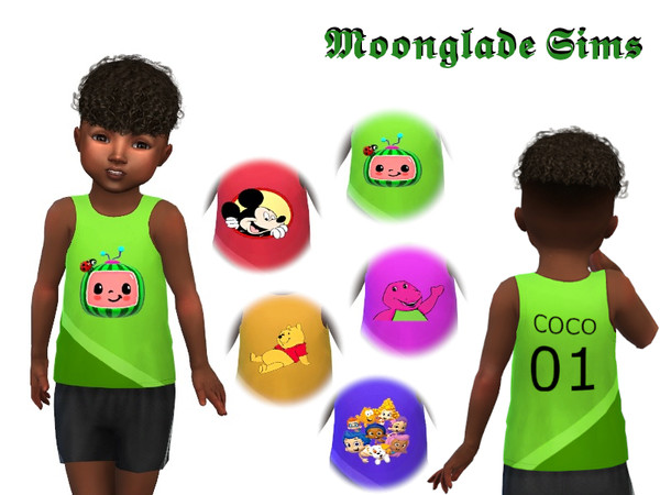 Sims 4 — Toddler Character Shirts  by MoongladeSims — A pack of 5 no sleeve character t-shirts for your toddler sims. 