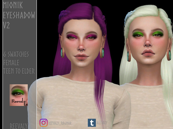 Sims 4 — Mionik Eyeshadow V2 by Reevaly — 6 Swatches. Teen to Elder. Female. Works with all Skins and Overlays. Base Game