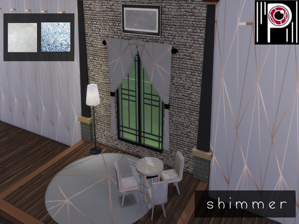 Sims 4 — Shimmer Set || Basegame by Psychachu — Includes: Wallpaper, Dining Table, Dining Chair, Rug, Curtains, Painting