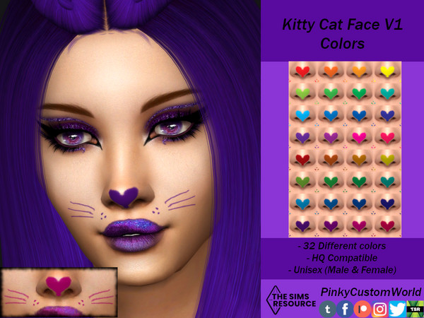 Sims 4 — Kitty Cat Face V1 Colors by PinkyCustomWorld — Super cute cat face makeup in pretty colors - 32 Different colors