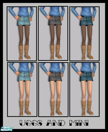 Sims 2 — Uggs & Mini Skirts by Lola — Cute Ugg Boots & Short Denim Shirts. 3 Styles With Or Without Black Tights.