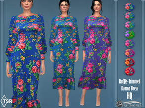 Sims 4 — Ruffle-trimmed Drama Dress by Harmonia — New mesh / All Lods 8 Swatches Please do not use my textures. Please do