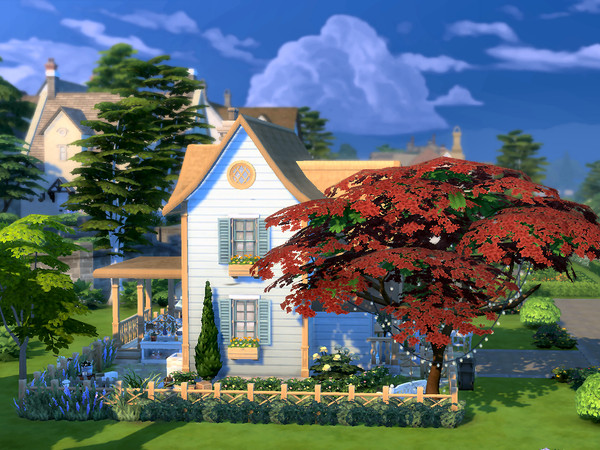 Sims 4 — Blue Cottage no CC by sgK452 — Charming blue cottage for a couple with a child. Vegetable garden and henhouse.