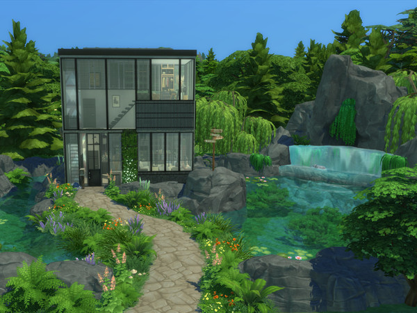 Sims 4 — Tier 3 Tiny Lake House (No CC) by XEmmaa2 — A modern tier 3 tiny home surrounded by a lake with a waterfall. No