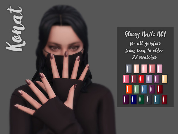 Sims 4 — Glossy Nails No1 by DemolitionKonat — Glossy nails. 22 swatches. EA mesh. Finger nails category. Hope you like