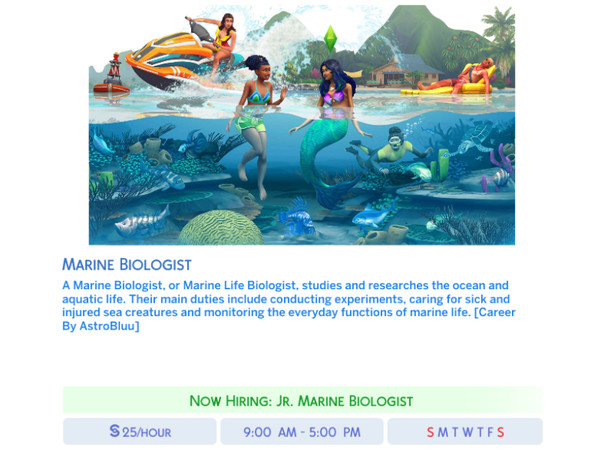 Sims 4 — Water Jobs [Careers] by AstroBluu — Water Jobs is a small career pack with 3 careers Marine Biologist, Aquarist