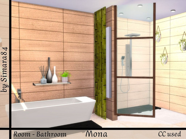 Sims 4 — Mona Bathroom by Simara84 — A modern bathroom with a walk-in shower, a double vanity and a bathtub. Wood and
