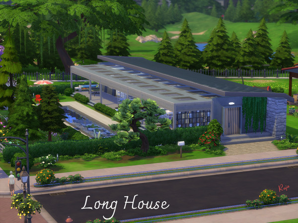 Sims 4 — Long House by ruja2 — Long House has two bedrooms and two bathrooms. An ideal pool for swimming training. A