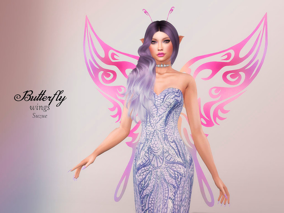 A geometric shaped pair of pink wings worn by a female sim in sims 4