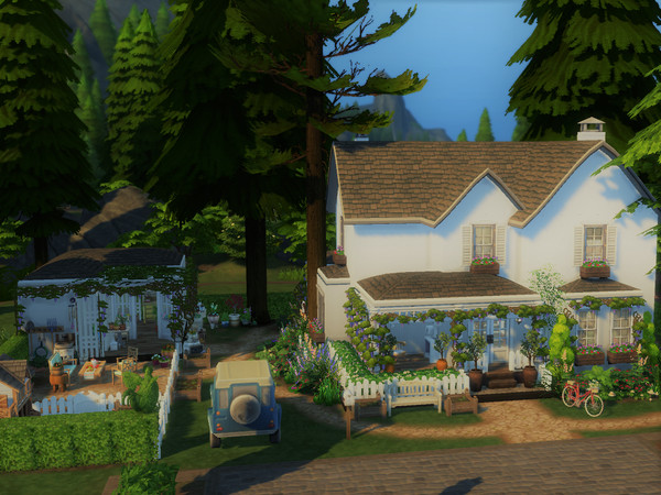 Sims 4 — White Cottage no CC by sgK452 — House for babies, toddlers, teenagers and parents, cat or dog, chicken coop.