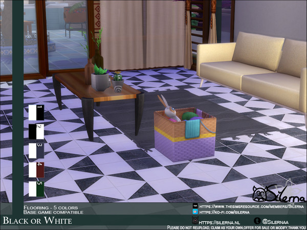 Sims 4 — Black or White by Silerna — - Basegame compatible - Flooring - Tiles - 5 different colors - Please do not